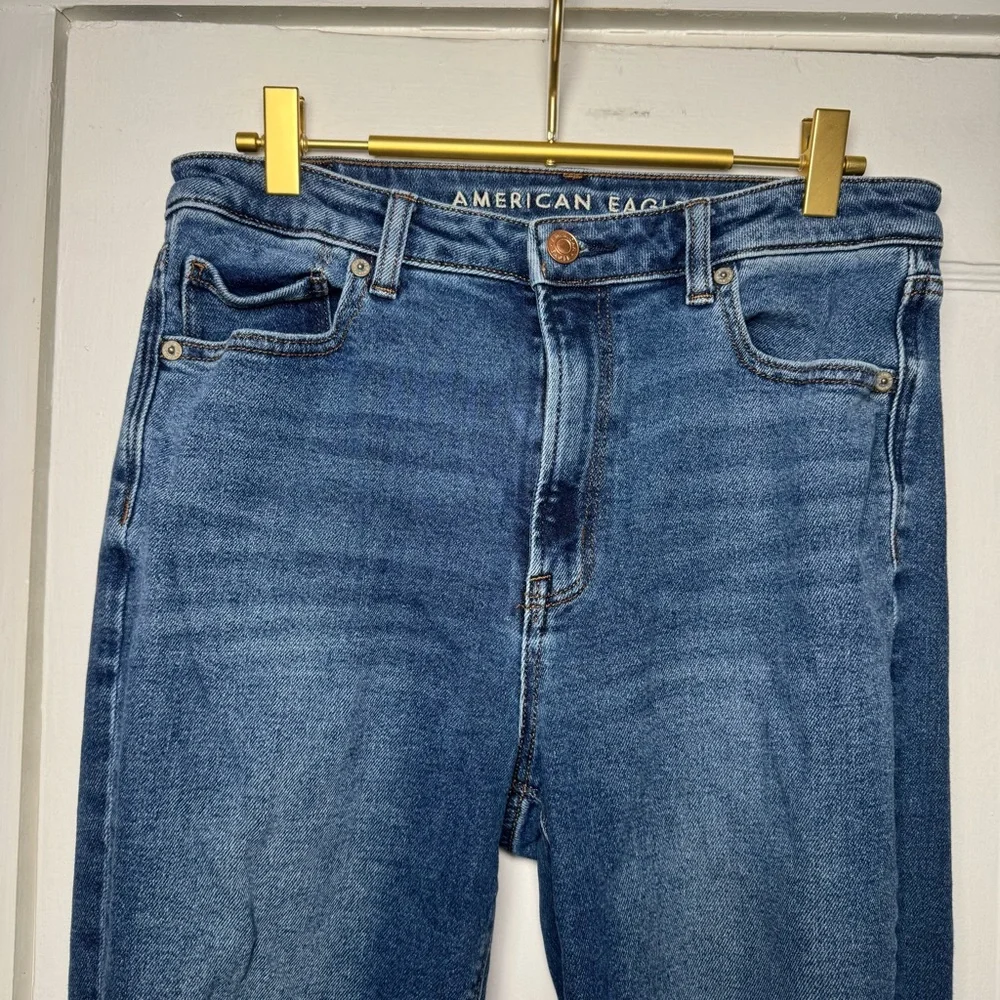 American Eagle Stretch Mom Jean in Easy Breezy Blue Distressed Frayed 8 Long